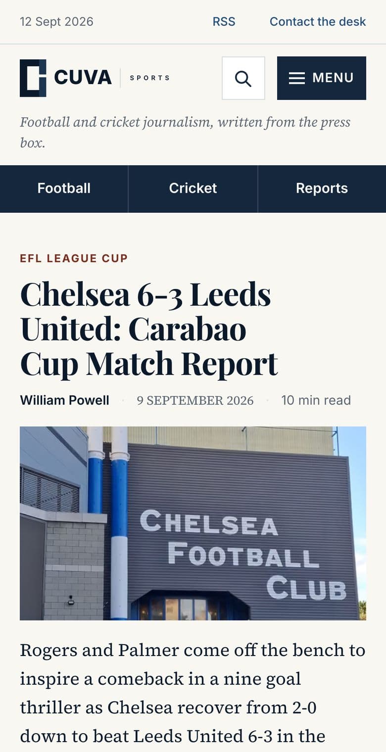 CuvaSports on a phone: the same match report under Football, Cricket and Reports tabs.